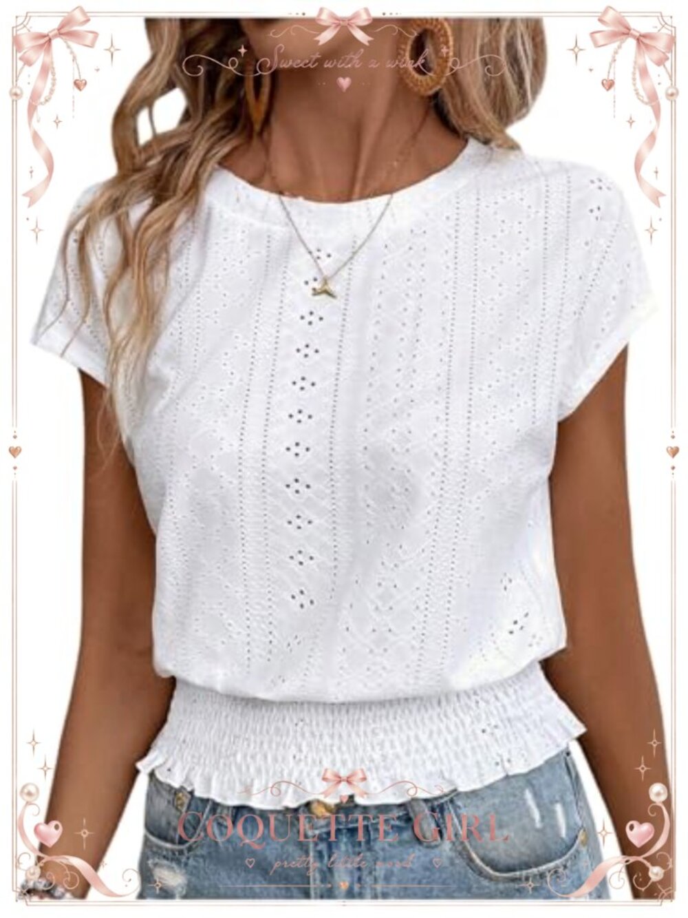 Eyelet Embroidered Blouse Cap Sleeve Smocked Waist Summer Top